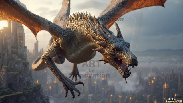 AI dragon fantasy art featuring colossal mythical beasts soaring over modern cities with breathtaking scale, detail and raw power.