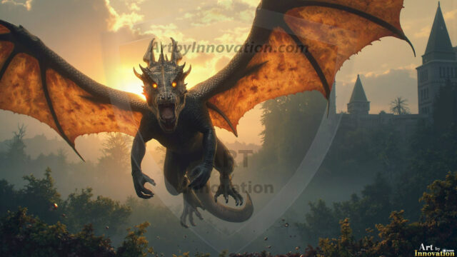 AI dragon fantasy art featuring colossal mythical beasts soaring over modern cities with breathtaking scale, detail and raw power.