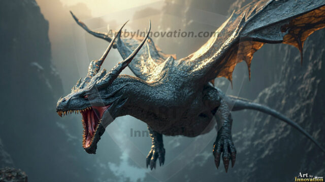 AI dragon fantasy art featuring colossal mythical beasts soaring over modern cities with breathtaking scale, detail and raw power.