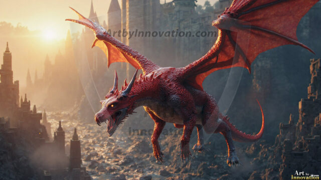 AI dragon fantasy art featuring colossal mythical beasts soaring over modern cities with breathtaking scale, detail and raw power.