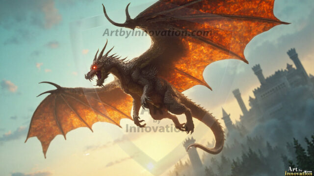 AI dragon fantasy art featuring colossal mythical beasts soaring over modern cities with breathtaking scale, detail and raw power.