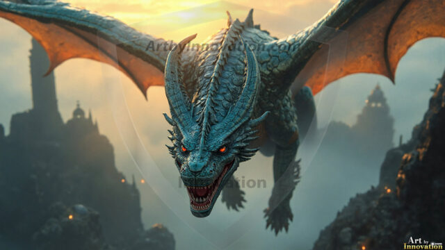 AI dragon fantasy art featuring colossal mythical beasts soaring over modern cities with breathtaking scale, detail and raw power.