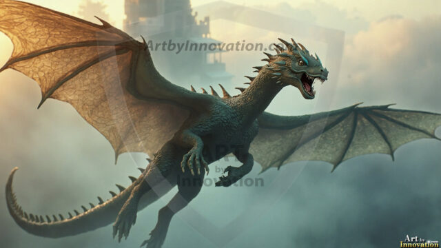 AI dragon fantasy art featuring colossal mythical beasts soaring over modern cities with breathtaking scale, detail and raw power.