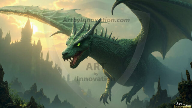 AI dragon fantasy art featuring colossal mythical beasts soaring over modern cities with breathtaking scale, detail and raw power.