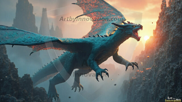 AI dragon fantasy art featuring colossal mythical beasts soaring over modern cities with breathtaking scale, detail and raw power.