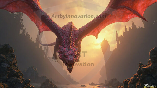 AI dragon fantasy art featuring colossal mythical beasts soaring over modern cities with breathtaking scale, detail and raw power.