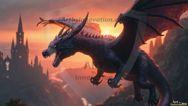 AI dragon fantasy art featuring colossal mythical beasts soaring over modern cities with breathtaking scale, detail and raw power.