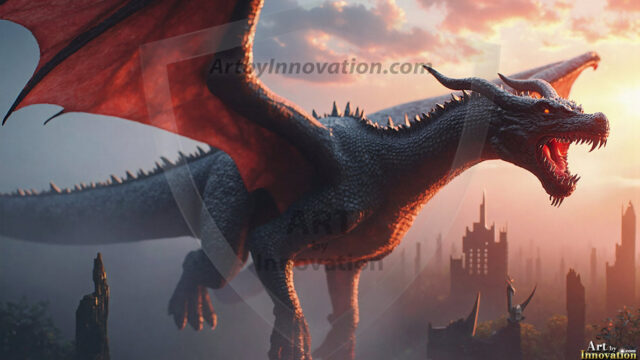 AI dragon fantasy art featuring colossal mythical beasts soaring over modern cities with breathtaking scale, detail and raw power.