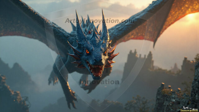 AI dragon fantasy art featuring colossal mythical beasts soaring over modern cities with breathtaking scale, detail and raw power.