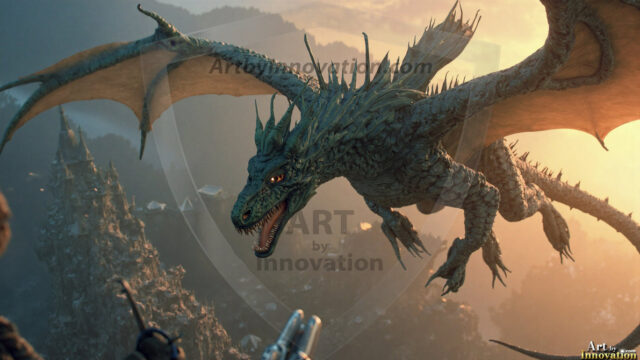 AI dragon fantasy art featuring colossal mythical beasts soaring over modern cities with breathtaking scale, detail and raw power.