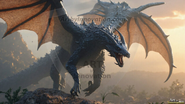 AI dragon fantasy art featuring colossal mythical beasts soaring over modern cities with breathtaking scale, detail and raw power.