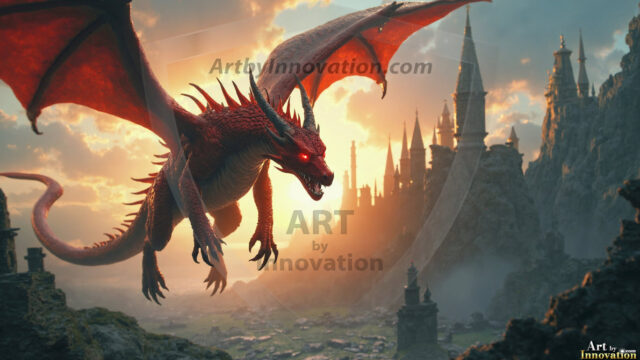 AI dragon fantasy art featuring colossal mythical beasts soaring over modern cities with breathtaking scale, detail and raw power.