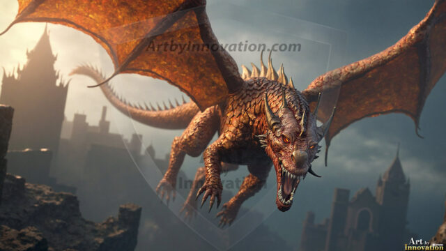 AI dragon fantasy art featuring colossal mythical beasts soaring over modern cities with breathtaking scale, detail and raw power.