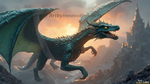 AI dragon fantasy art featuring colossal mythical beasts soaring over modern cities with breathtaking scale, detail and raw power.