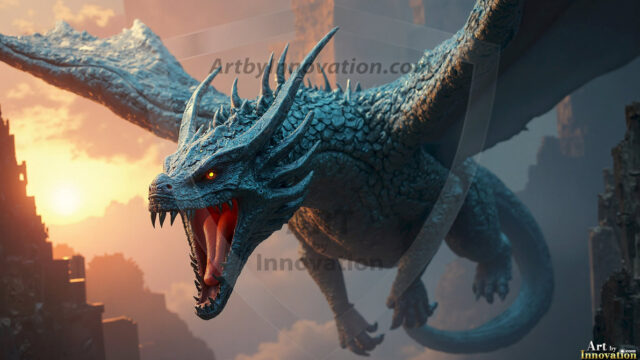 AI dragon fantasy art featuring colossal mythical beasts soaring over modern cities with breathtaking scale, detail and raw power.