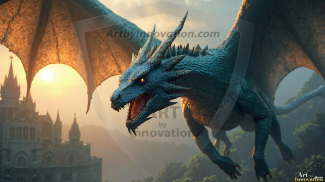 AI dragon fantasy art featuring colossal mythical beasts soaring over modern cities with breathtaking scale, detail and raw power.