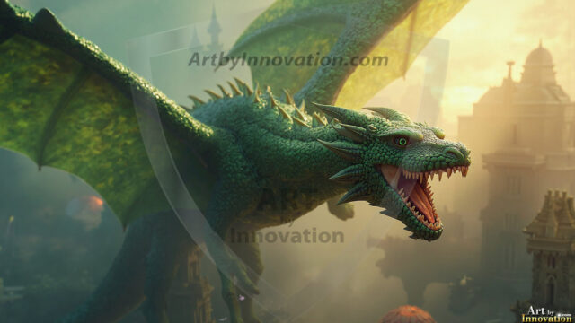 AI dragon fantasy art featuring colossal mythical beasts soaring over modern cities with breathtaking scale, detail and raw power.