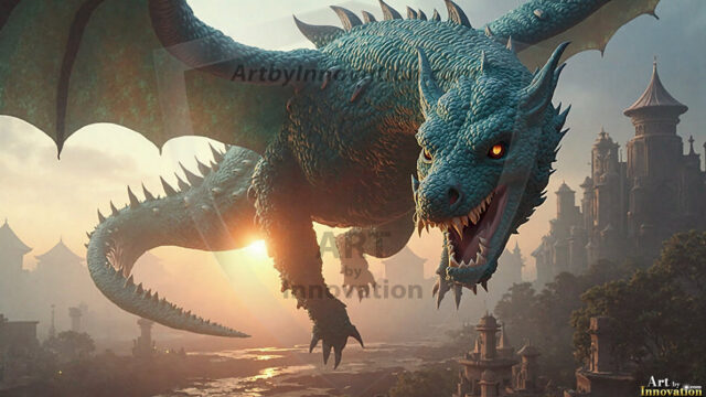 AI dragon fantasy art featuring colossal mythical beasts soaring over modern cities with breathtaking scale, detail and raw power.