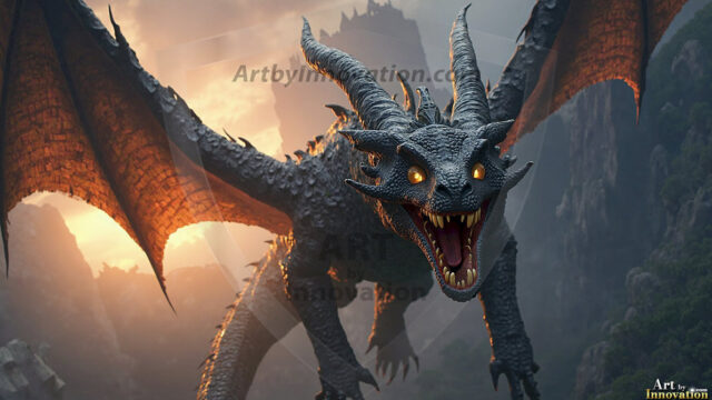 AI dragon fantasy art featuring colossal mythical beasts soaring over modern cities with breathtaking scale, detail and raw power.