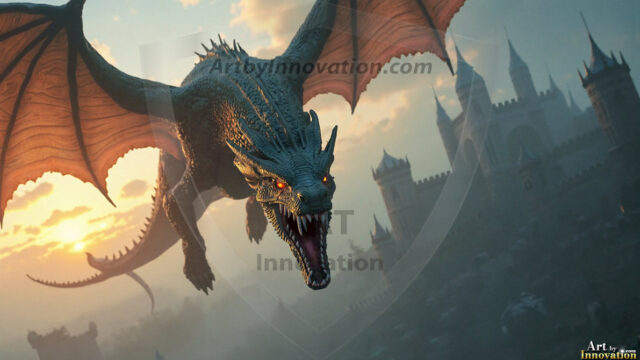 AI dragon fantasy art featuring colossal mythical beasts soaring over modern cities with breathtaking scale, detail and raw power.