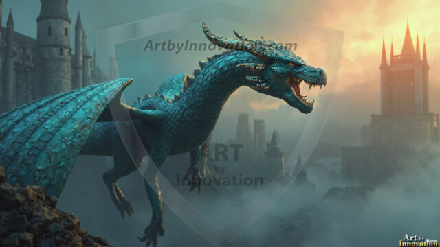 AI dragon fantasy art featuring colossal mythical beasts soaring over modern cities with breathtaking scale, detail and raw power.