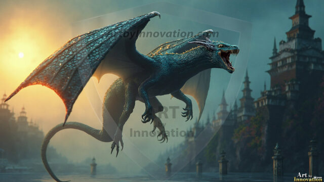 AI dragon fantasy art featuring colossal mythical beasts soaring over modern cities with breathtaking scale, detail and raw power.