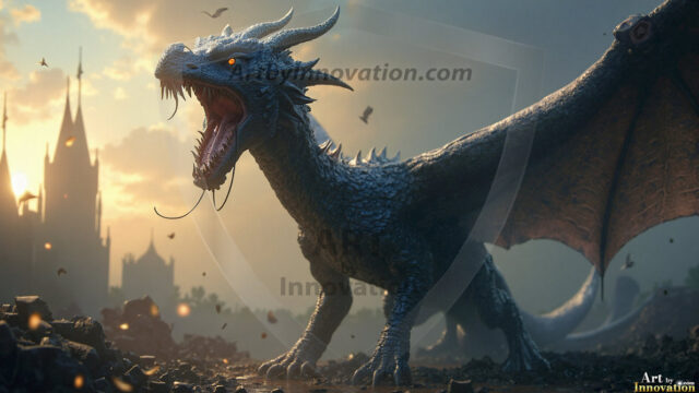 AI dragon fantasy art featuring colossal mythical beasts soaring over modern cities with breathtaking scale, detail and raw power.