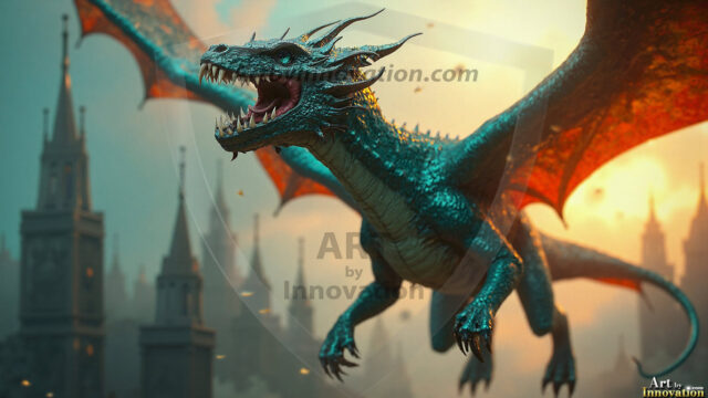 AI dragon fantasy art featuring colossal mythical beasts soaring over modern cities with breathtaking scale, detail and raw power.