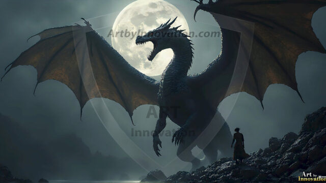 AI dragon fantasy art featuring colossal mythical beasts soaring over modern cities with breathtaking scale, detail and raw power.