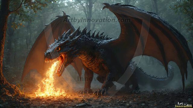 AI dragon fantasy art featuring colossal mythical beasts soaring over modern cities with breathtaking scale, detail and raw power.