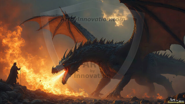 AI dragon fantasy art featuring colossal mythical beasts soaring over modern cities with breathtaking scale, detail and raw power.