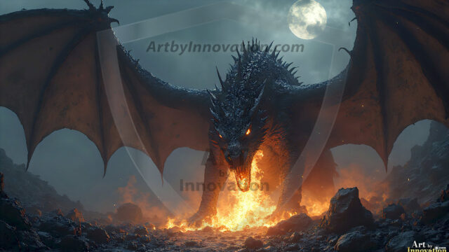 AI dragon fantasy art featuring colossal mythical beasts soaring over modern cities with breathtaking scale, detail and raw power.