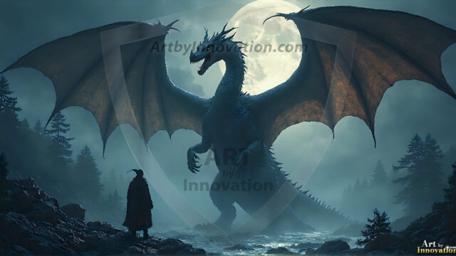 AI dragon fantasy art featuring colossal mythical beasts soaring over modern cities with breathtaking scale, detail and raw power.