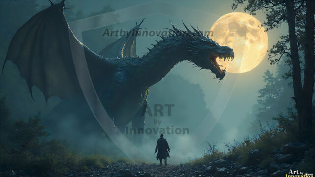 AI dragon fantasy art featuring colossal mythical beasts soaring over modern cities with breathtaking scale, detail and raw power.