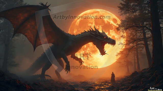 AI dragon fantasy art featuring colossal mythical beasts soaring over modern cities with breathtaking scale, detail and raw power.