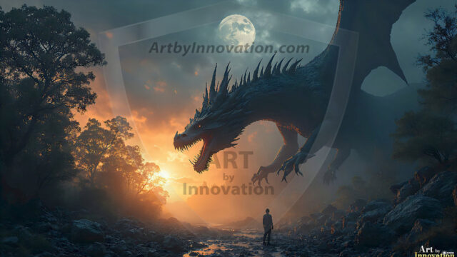 AI dragon fantasy art featuring colossal mythical beasts soaring over modern cities with breathtaking scale, detail and raw power.