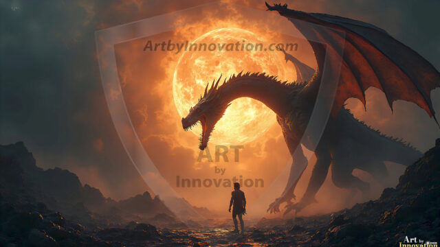 AI dragon fantasy art featuring colossal mythical beasts soaring over modern cities with breathtaking scale, detail and raw power.