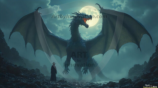 AI dragon fantasy art featuring colossal mythical beasts soaring over modern cities with breathtaking scale, detail and raw power.