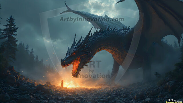 AI dragon fantasy art featuring colossal mythical beasts soaring over modern cities with breathtaking scale, detail and raw power.