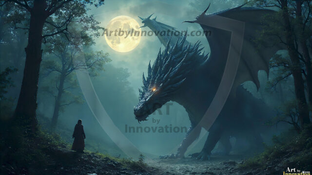 AI dragon fantasy art featuring colossal mythical beasts soaring over modern cities with breathtaking scale, detail and raw power.