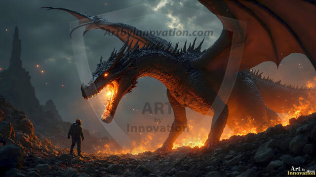 AI dragon fantasy art featuring colossal mythical beasts soaring over modern cities with breathtaking scale, detail and raw power.