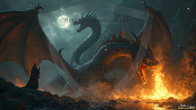 AI dragon fantasy art featuring colossal mythical beasts soaring over modern cities with breathtaking scale, detail and raw power.