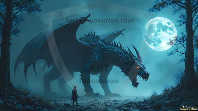 AI dragon fantasy art featuring colossal mythical beasts soaring over modern cities with breathtaking scale, detail and raw power.