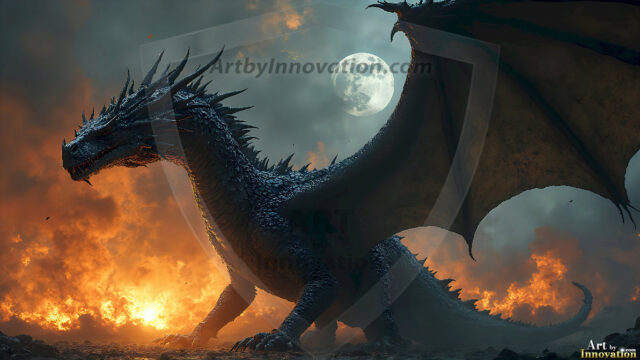 AI dragon fantasy art featuring colossal mythical beasts soaring over modern cities with breathtaking scale, detail and raw power.