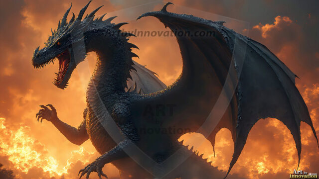 AI dragon fantasy art featuring colossal mythical beasts soaring over modern cities with breathtaking scale, detail and raw power.