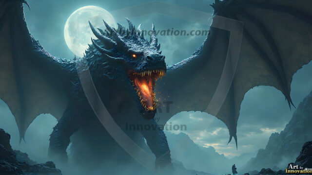 AI dragon fantasy art featuring colossal mythical beasts soaring over modern cities with breathtaking scale, detail and raw power.