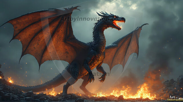 AI dragon fantasy art featuring colossal mythical beasts soaring over modern cities with breathtaking scale, detail and raw power.