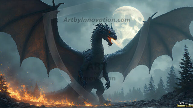 AI dragon fantasy art featuring colossal mythical beasts soaring over modern cities with breathtaking scale, detail and raw power.