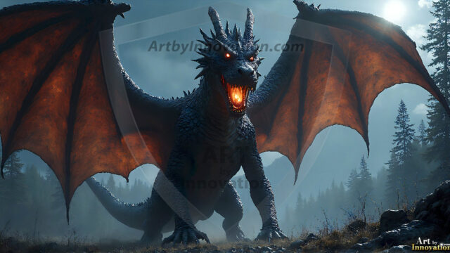 AI dragon fantasy art featuring colossal mythical beasts soaring over modern cities with breathtaking scale, detail and raw power.