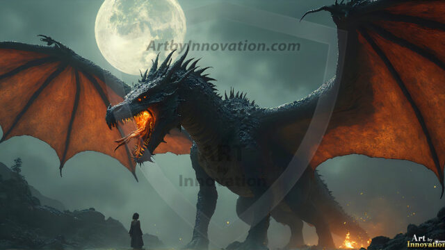 AI dragon fantasy art featuring colossal mythical beasts soaring over modern cities with breathtaking scale, detail and raw power.